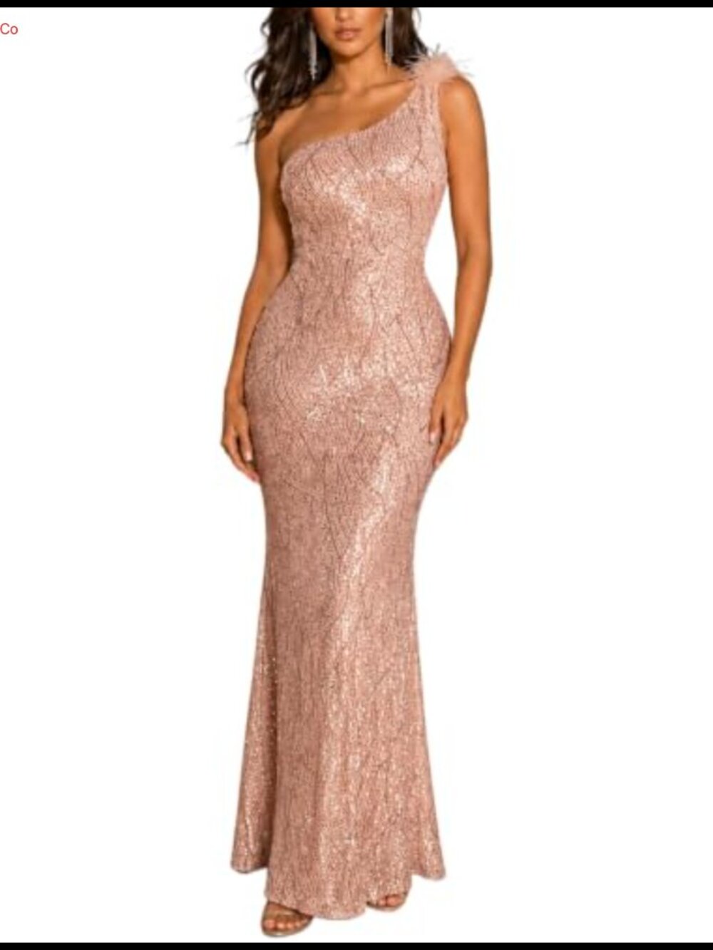 Sequin One Shoulder Mermaid Maxi Formal Evening Gown with Feather